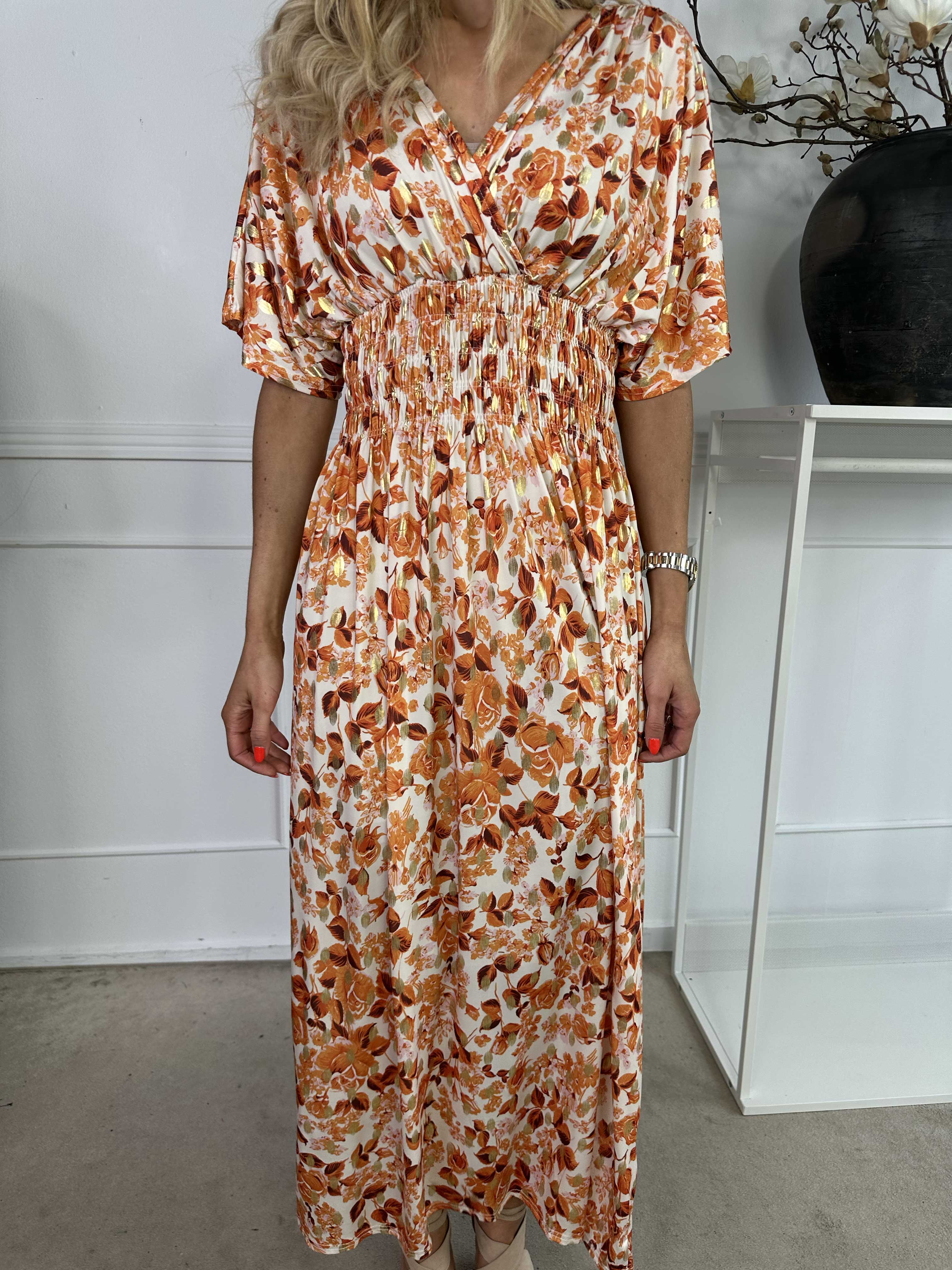 Pams Small Rose - Elastisk klänning med blommigt tryck och gulddetaljer